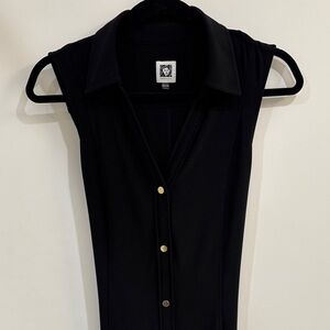 Anne Klein Black Midi Dress with Gold Buttons and Waist Tie